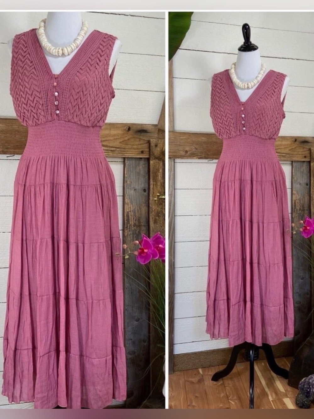 J.Glee Dusty Rose Boho Tiered Lace Bodice Maxi Dress size 2X boho festival
